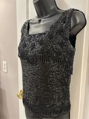 Vintage Hong Kong Hand Full Fashioned 50s 60s Wool Sequin Beaded Fringe Top S